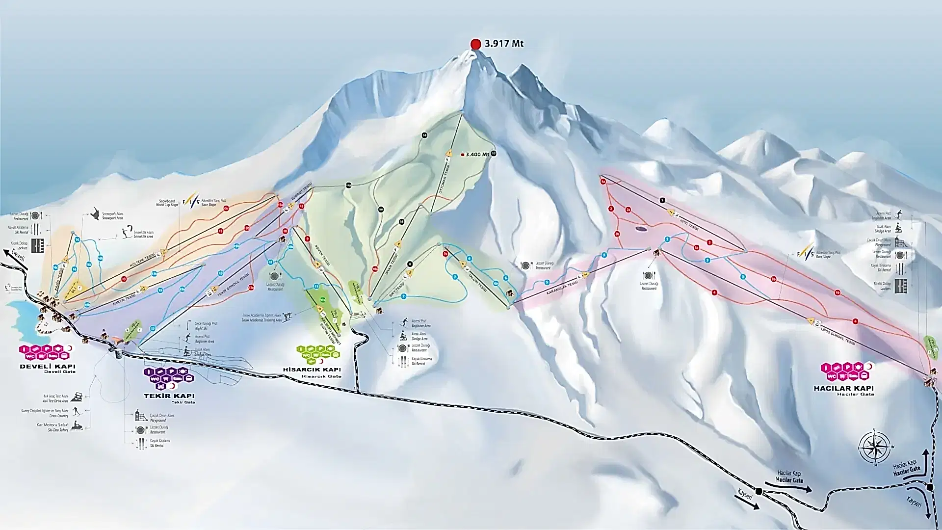 Kayseri Erciyes Dağı açık olan kayak pistleri ve çalışan mekanik tesisler